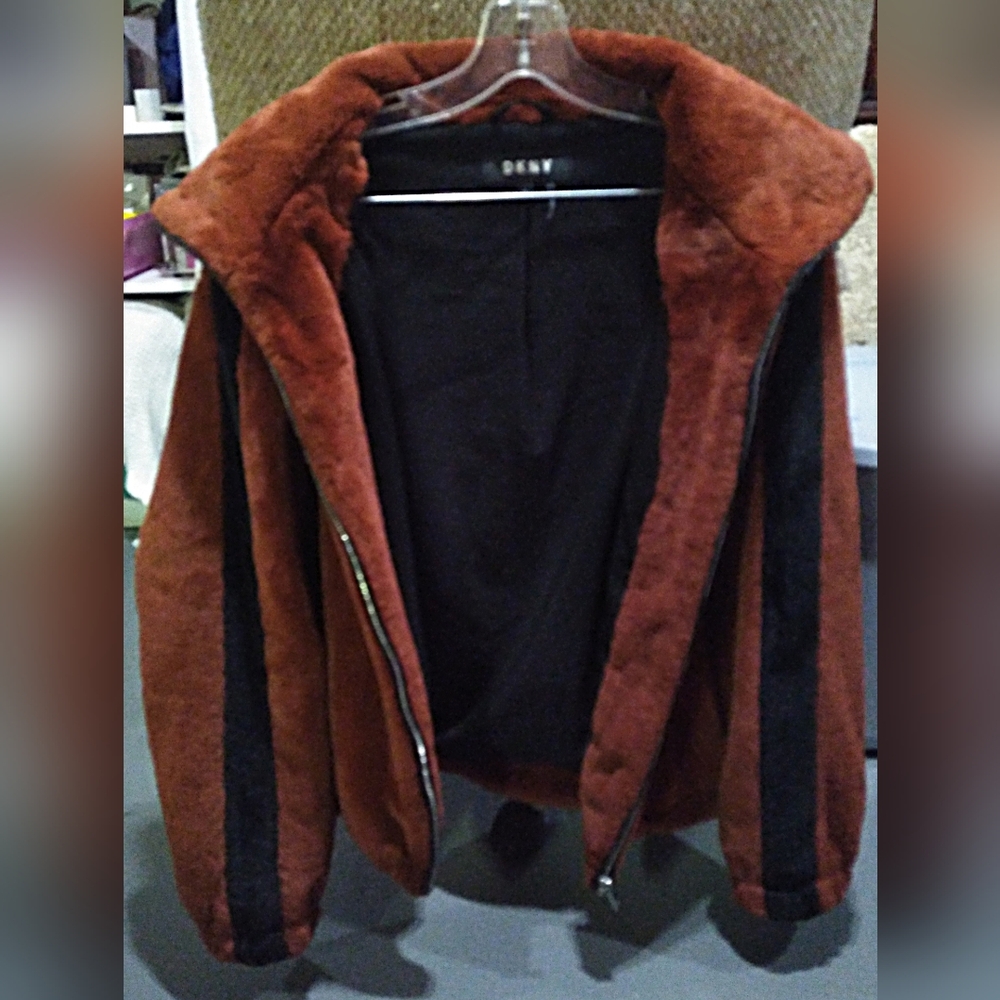 DKNY Rust and Black Faux Fur Jacket Size L With Hat